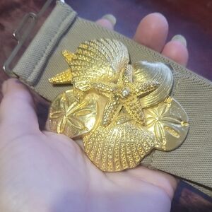 1990s Gold Seashell Belt Buckle~ 29" Stretch Belt